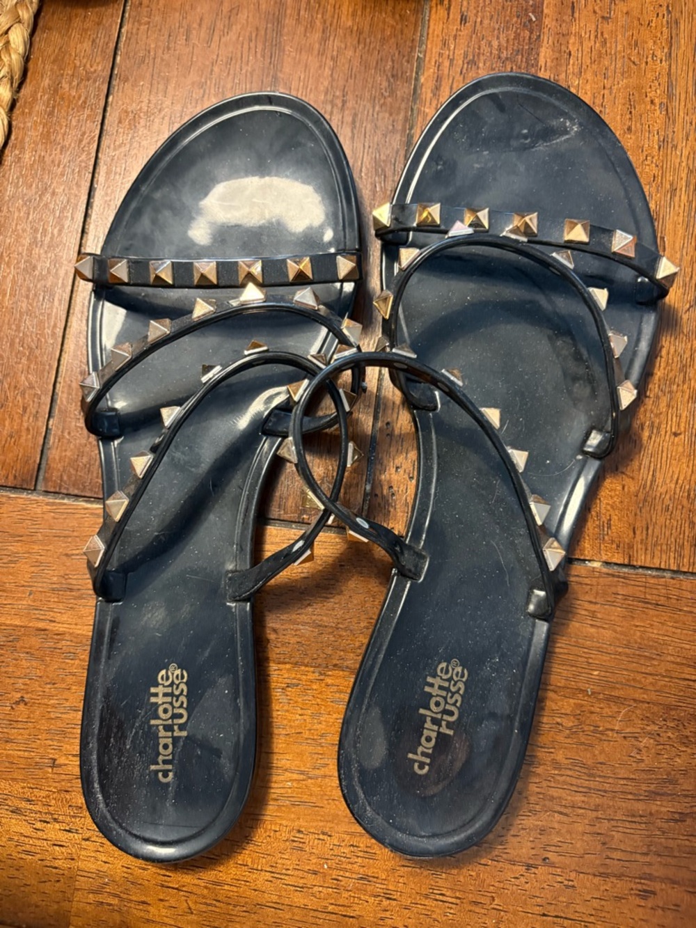 Charlotte Russe Black Jelly Sandals with Gold Pyramid Studs TWO PAIR
